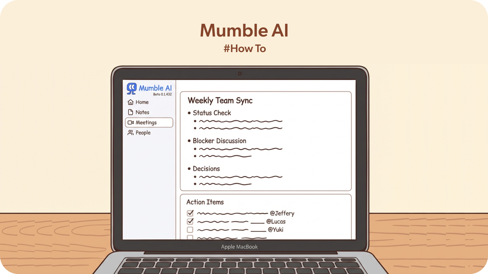Mumble AI meeting summary with action items and assignees on a MacBook
