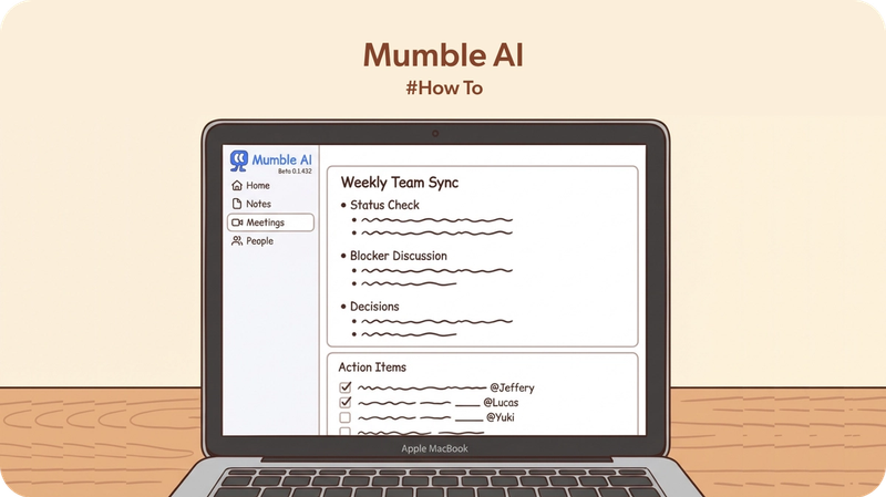 Mumble AI meeting summary with action items and assignees on a MacBook
