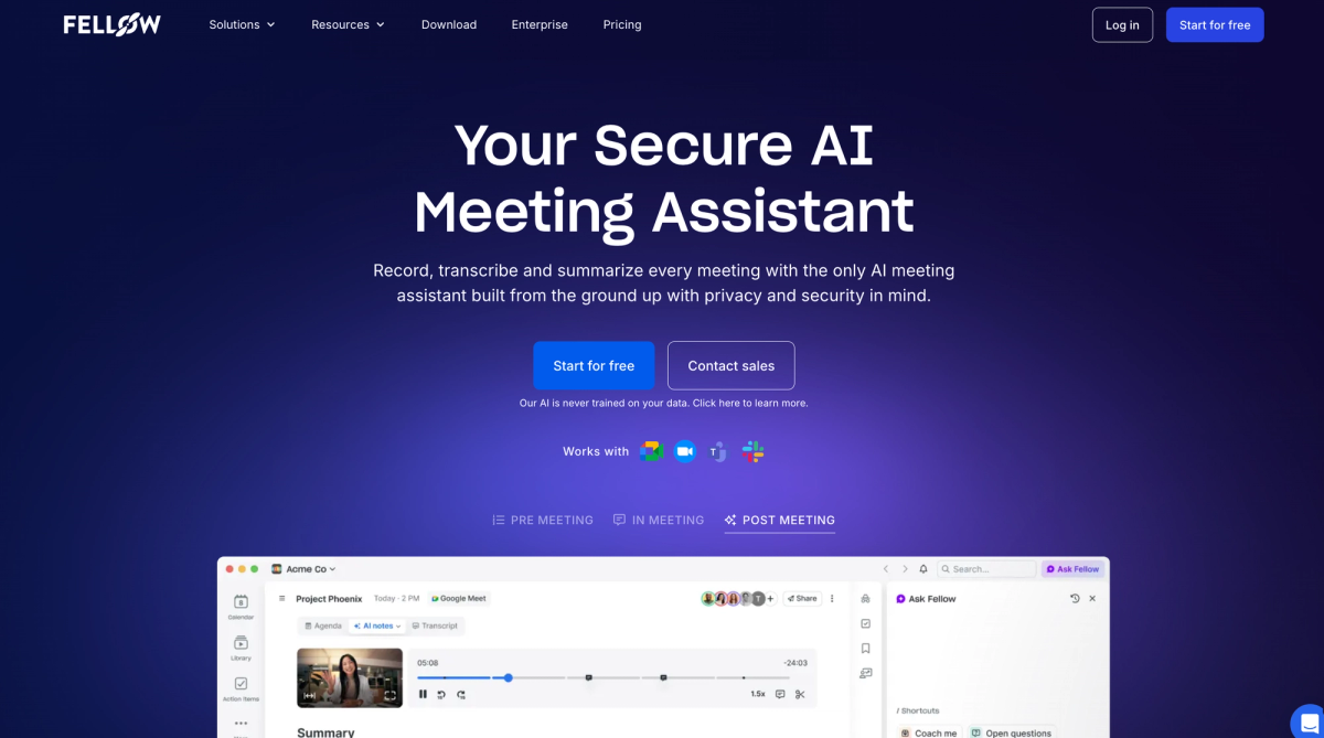Fellow secure AI meeting assistant for collaborative agendas and cross-meeting action items