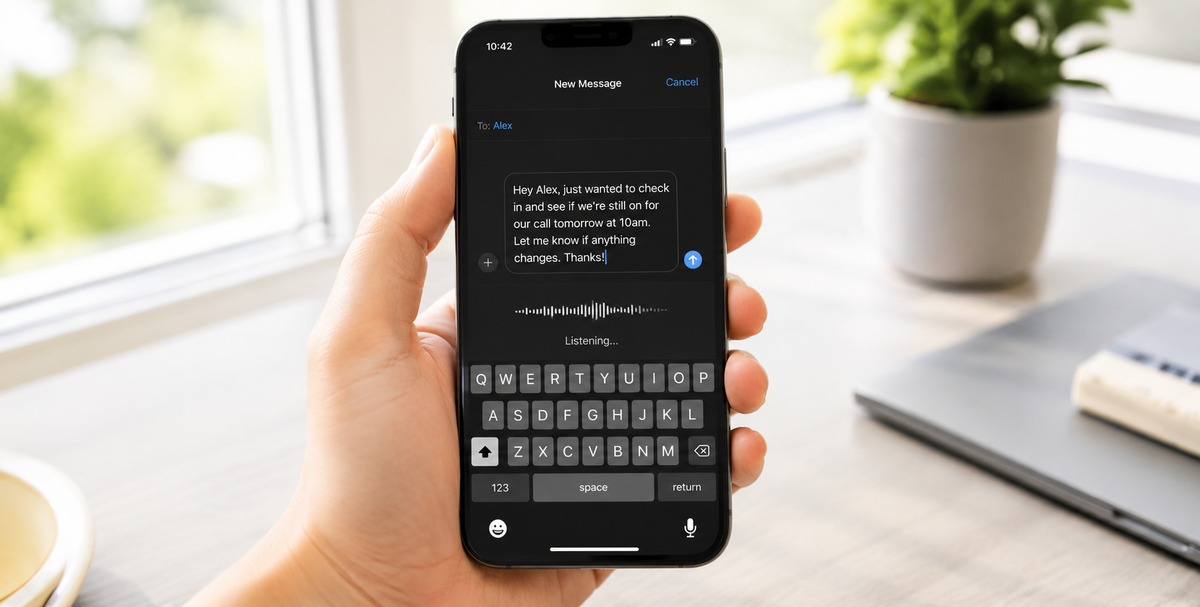 iPhone in hand using Apple's built-in voice dictation to compose an iMessage in the Messages app