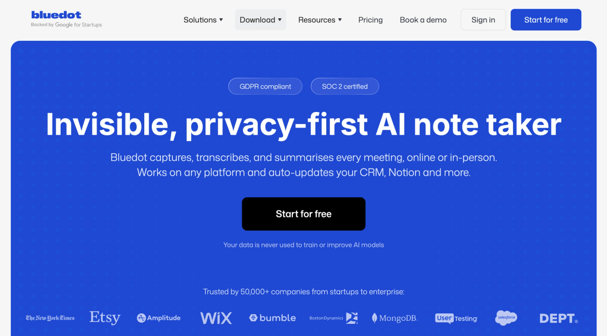 Bluedot invisible privacy-first AI note taker Chrome extension for Google Meet, Zoom, Teams