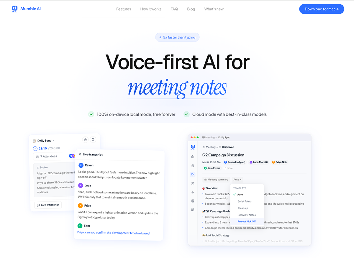 Mumble AI live transcript with speaker labels during a Google Meet call, captured without a bot joining