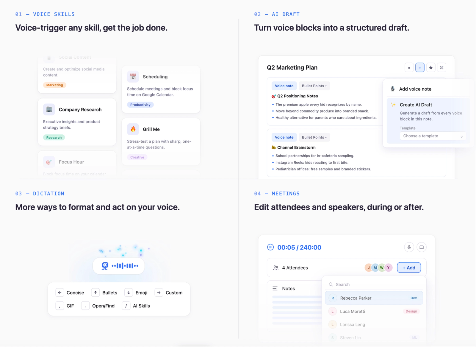 Mumble Beta 1.1 release highlights: Voice Skills, AI Draft, Dictation, and Meetings.
