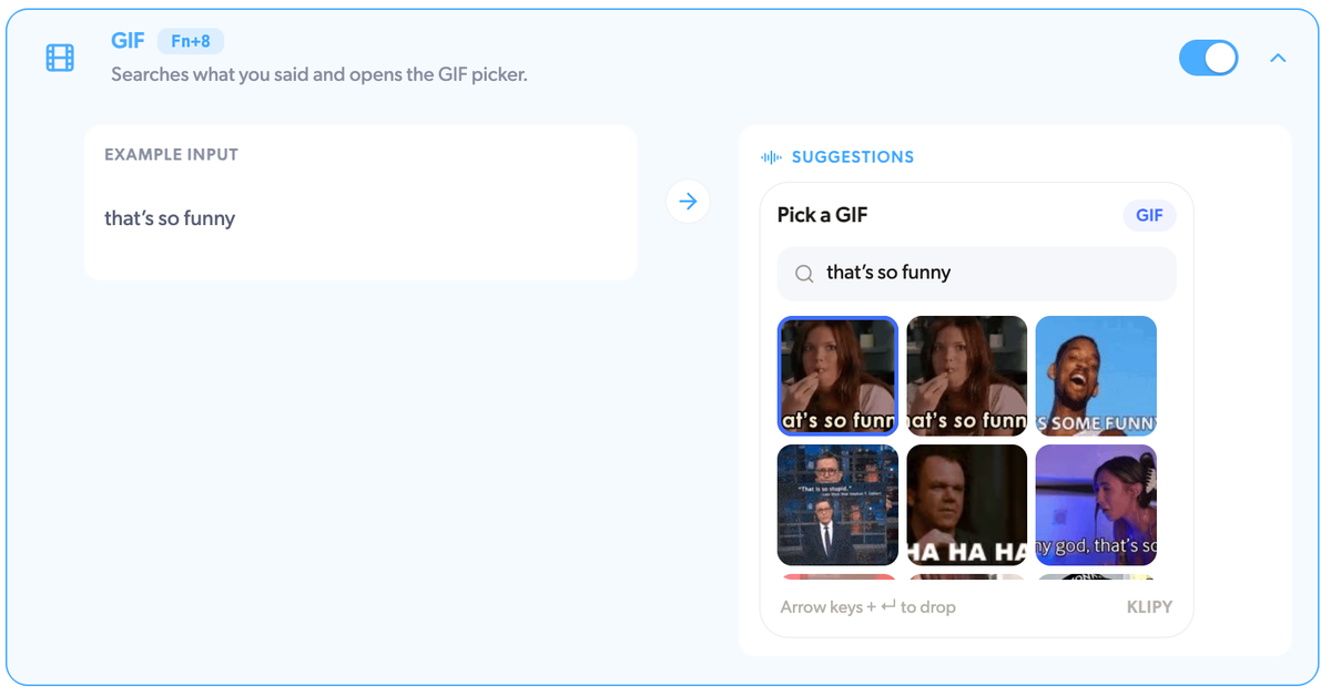 The GIF voice action in Mumble Dictation searching a spoken phrase and opening the GIF picker