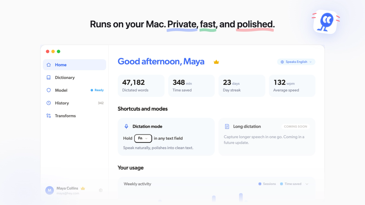 The Mumble Dictation home screen for a Pro user: dictated words, time saved, day streak, and speaking speed, with dictation shortcuts and a weekly activity chart.