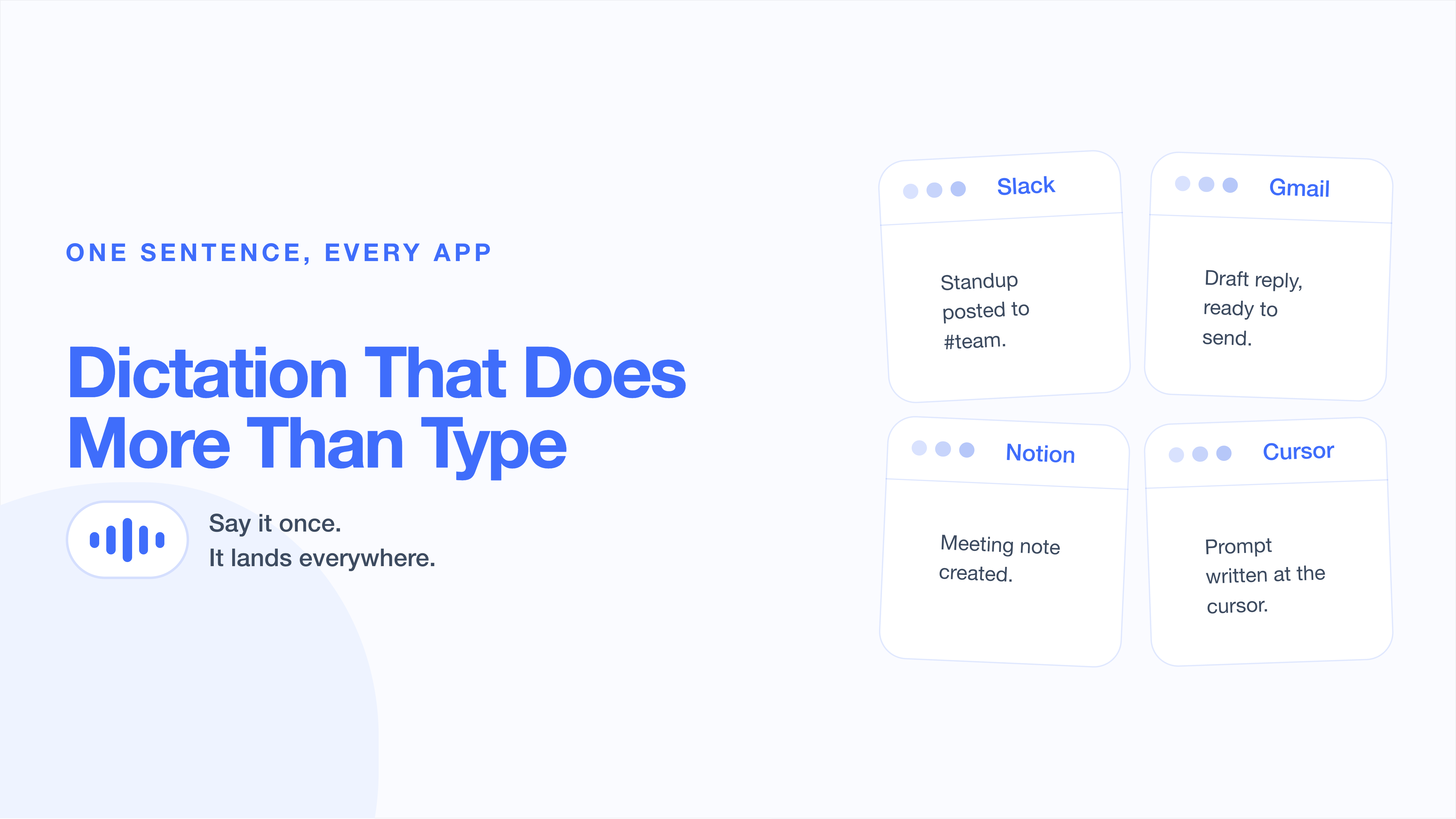 Dictation That Does More Than Type: one Mumble voice pill landing text in Slack, Gmail, Notion, and Cursor.
