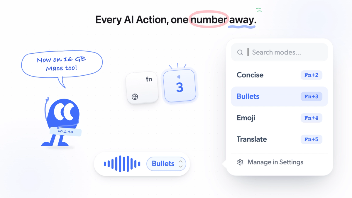 Mumble Dictation recording pill on Mac with the AI Actions menu open