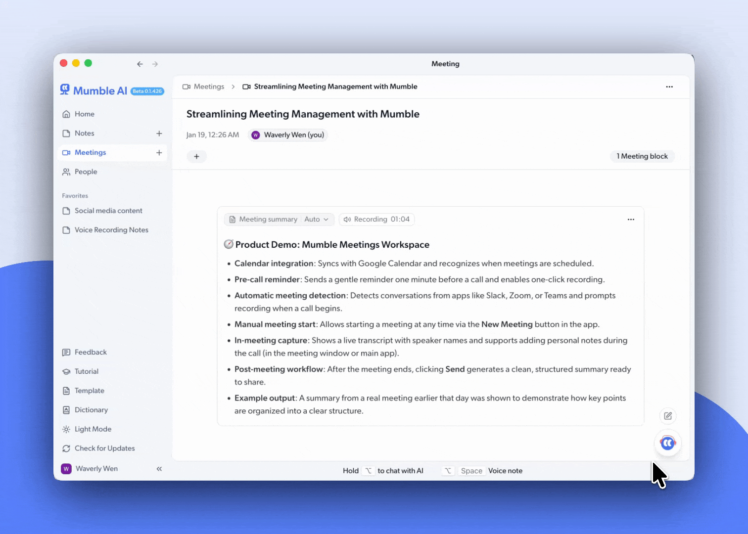 Chat with Mumble AI to get customized meeting note output