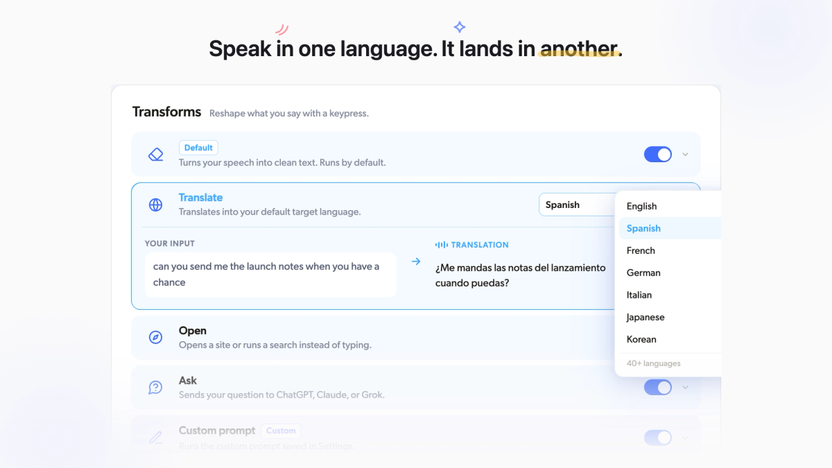 The Transforms panel in Mumble Dictation with the new Translate skill open: a dictated English sentence lands as Spanish, and a language picker offers over 40 target languages.