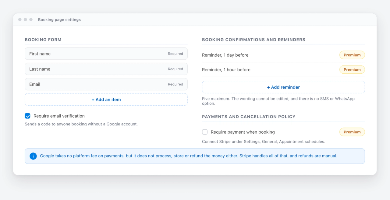 Booking page settings showing the booking form fields with an option to add an item, require email verification, two reminders marked premium, and the require payment when booking option.