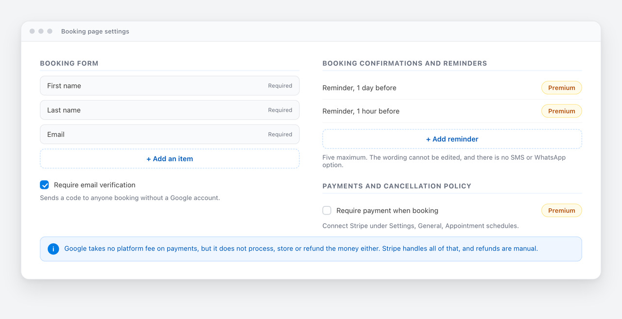 Booking page settings showing the booking form fields with an option to add an item, require email verification, two reminders marked premium, and the require payment when booking option.