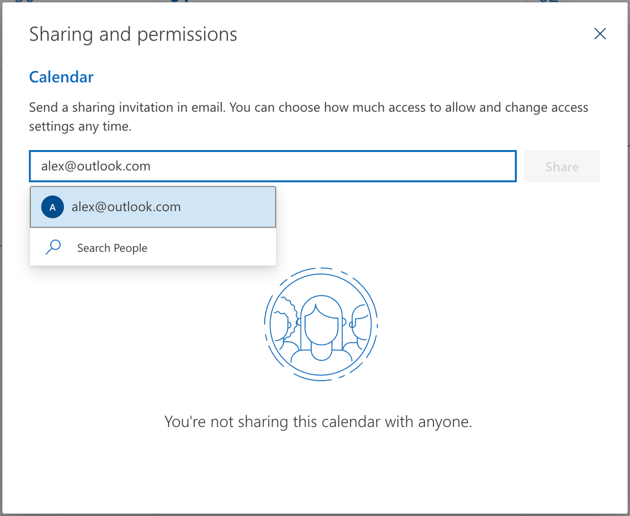 Outlook Sharing and permissions dialog with a recipient email entered