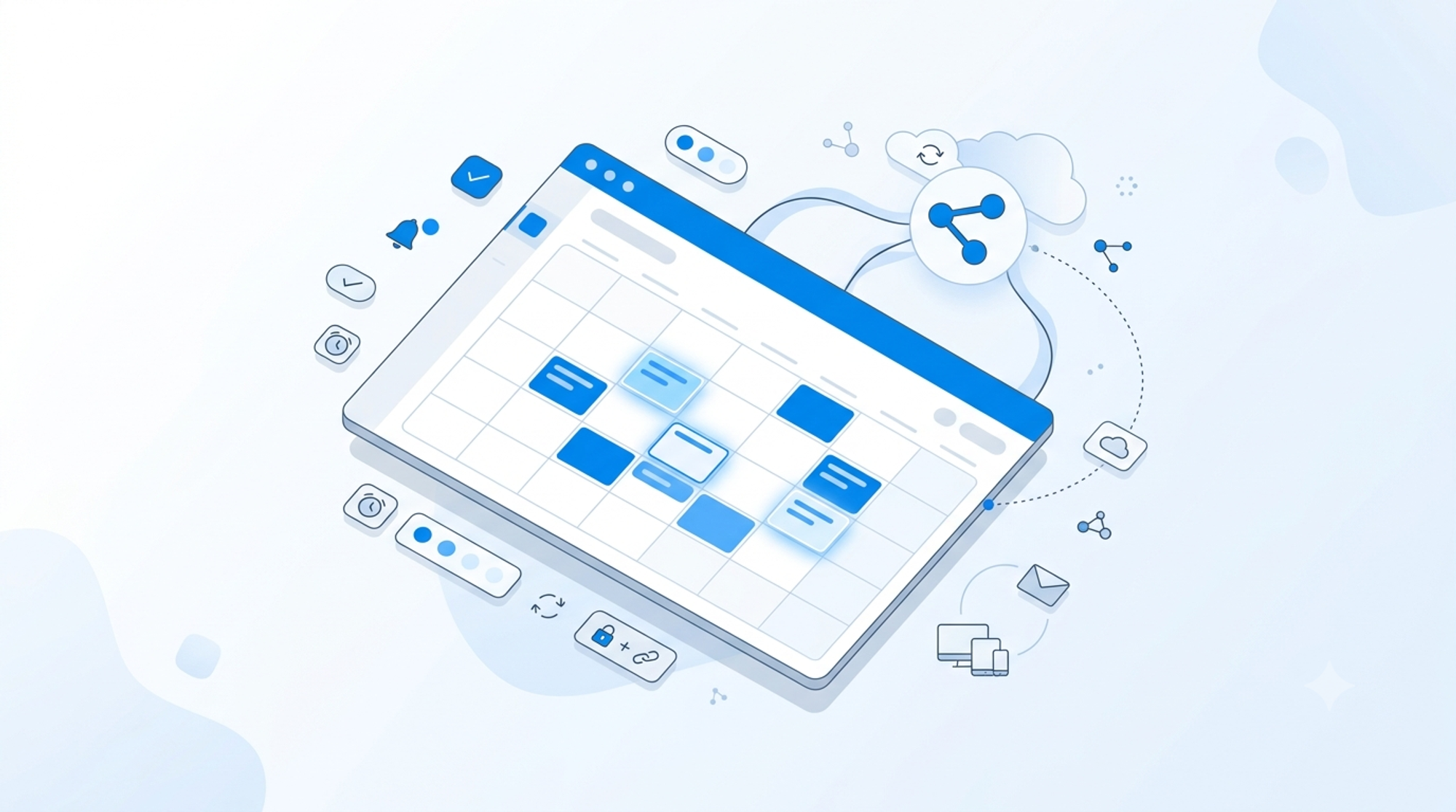 Illustration of a calendar app with sharing, sync, and link icons