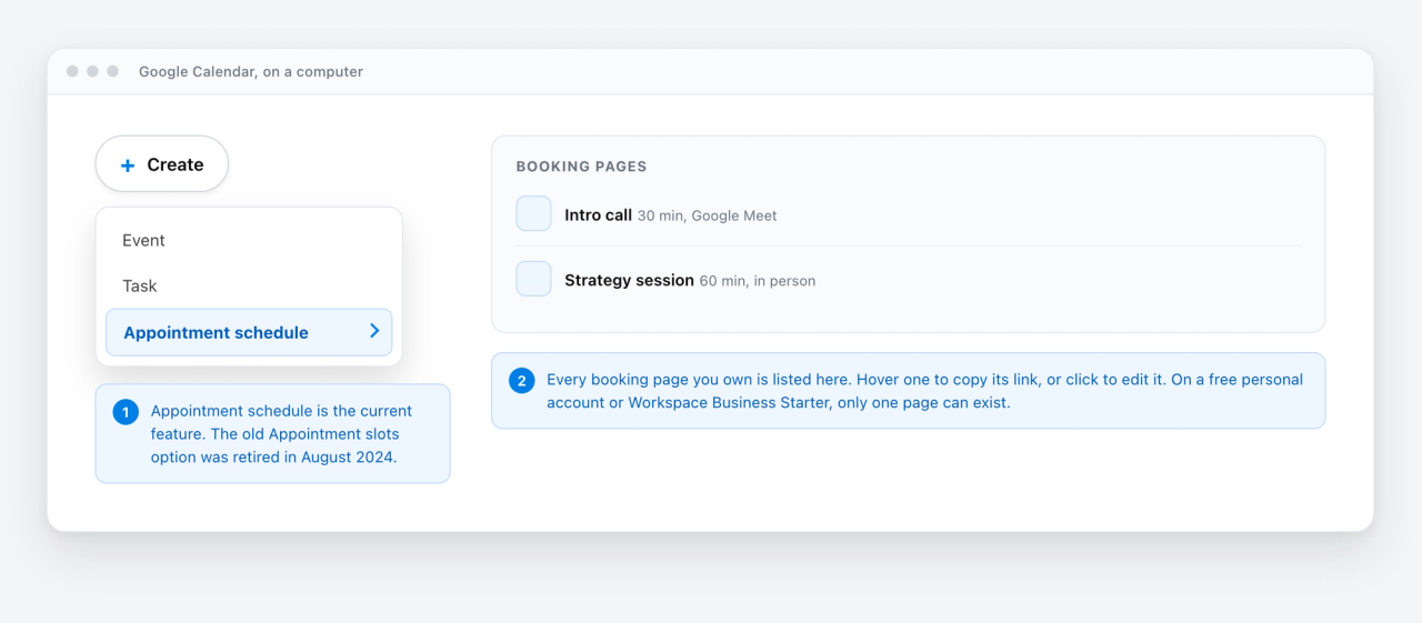 The Google Calendar Create menu open with Appointment schedule highlighted, beside a Booking pages list showing an Intro call and a Strategy session.