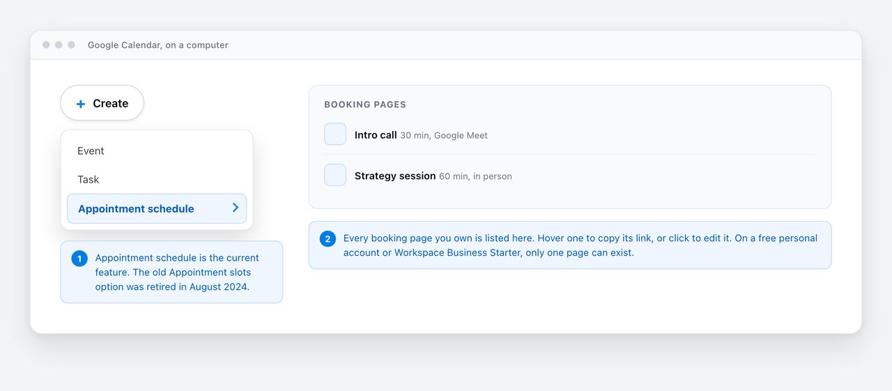 The Google Calendar Create menu open with Appointment schedule highlighted, beside a Booking pages list showing an Intro call and a Strategy session.