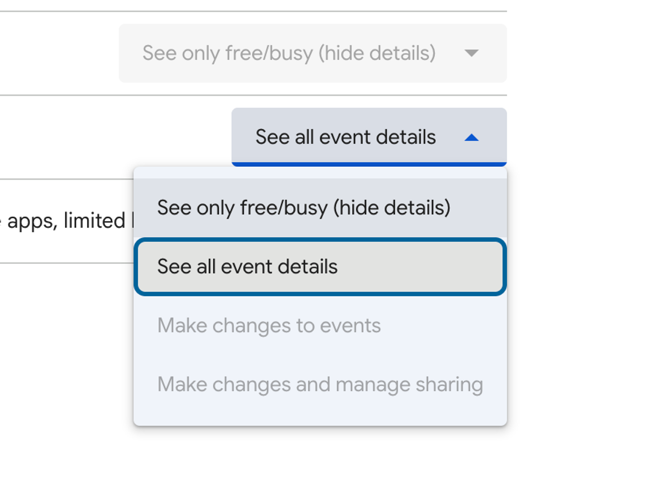 Google Calendar permission dropdown showing the four access levels
