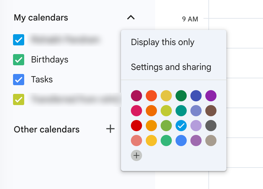 Google Calendar menu showing the Settings and sharing option