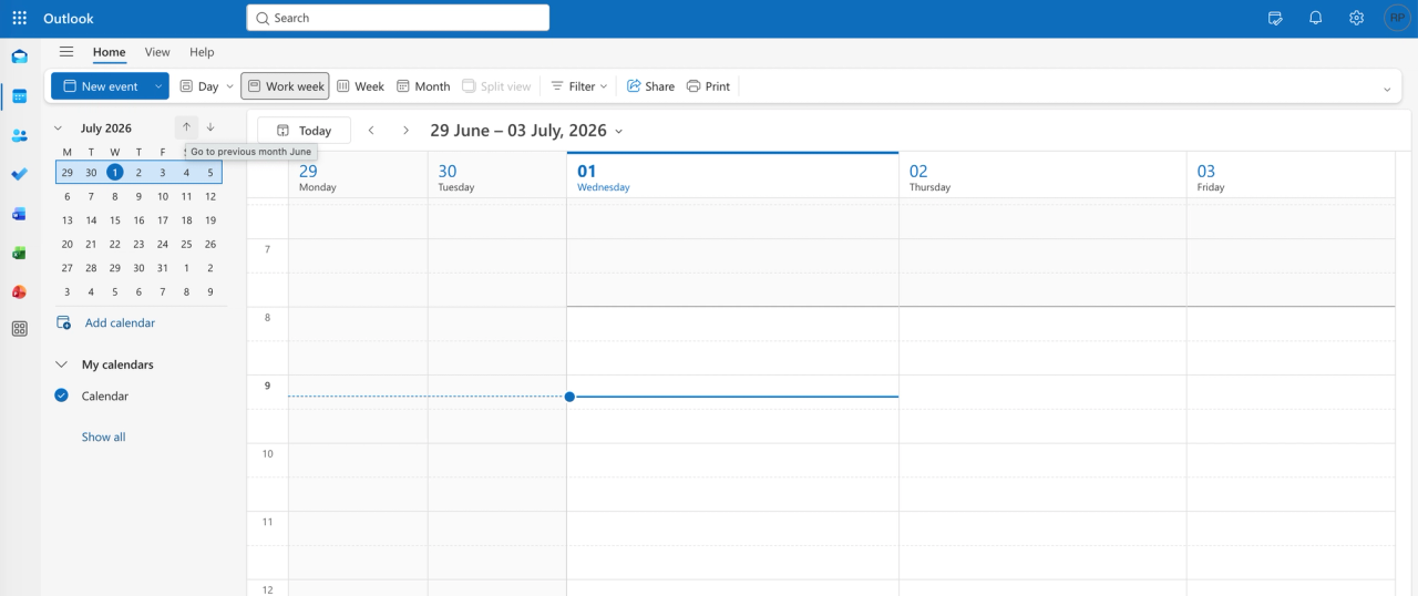 Outlook on the web Calendar view with the Share button in the toolbar