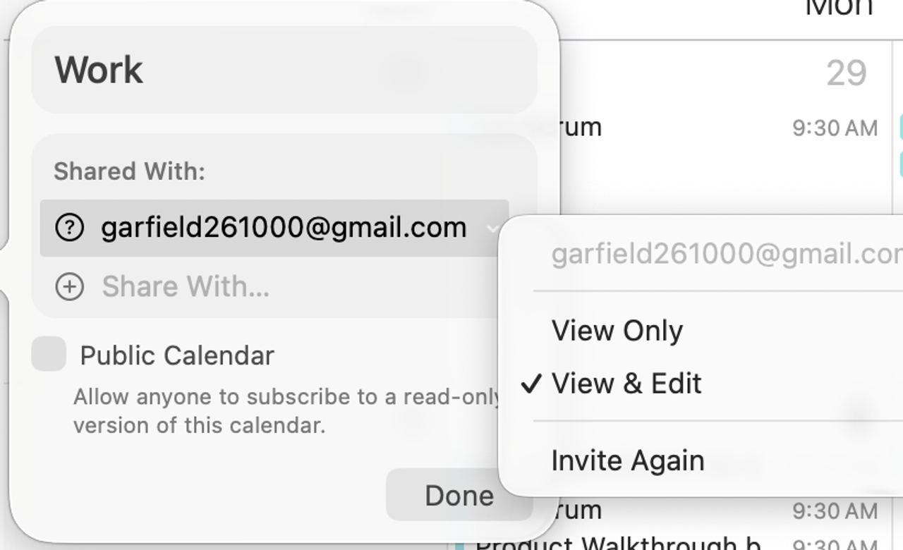 The macOS Calendar sharing popover showing Shared With, a person set to View and Edit, and the View Only / View and Edit access menu