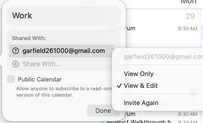 The macOS Calendar sharing popover showing Shared With, a person set to View and Edit, and the View Only / View and Edit access menu
