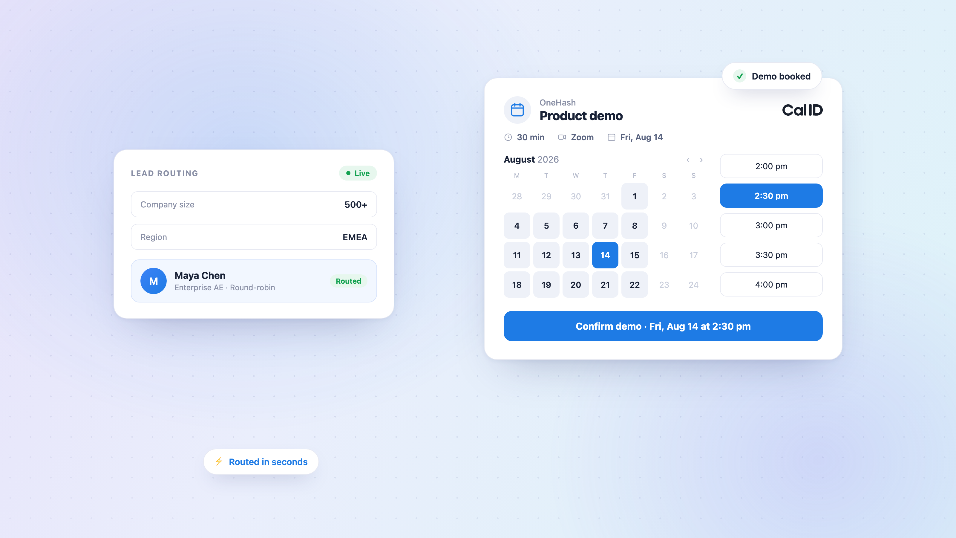 Cal ID demo scheduling flow: a lead-routing panel assigns a qualified prospect to a sales rep, next to a product-demo booking card with a calendar and time slots.