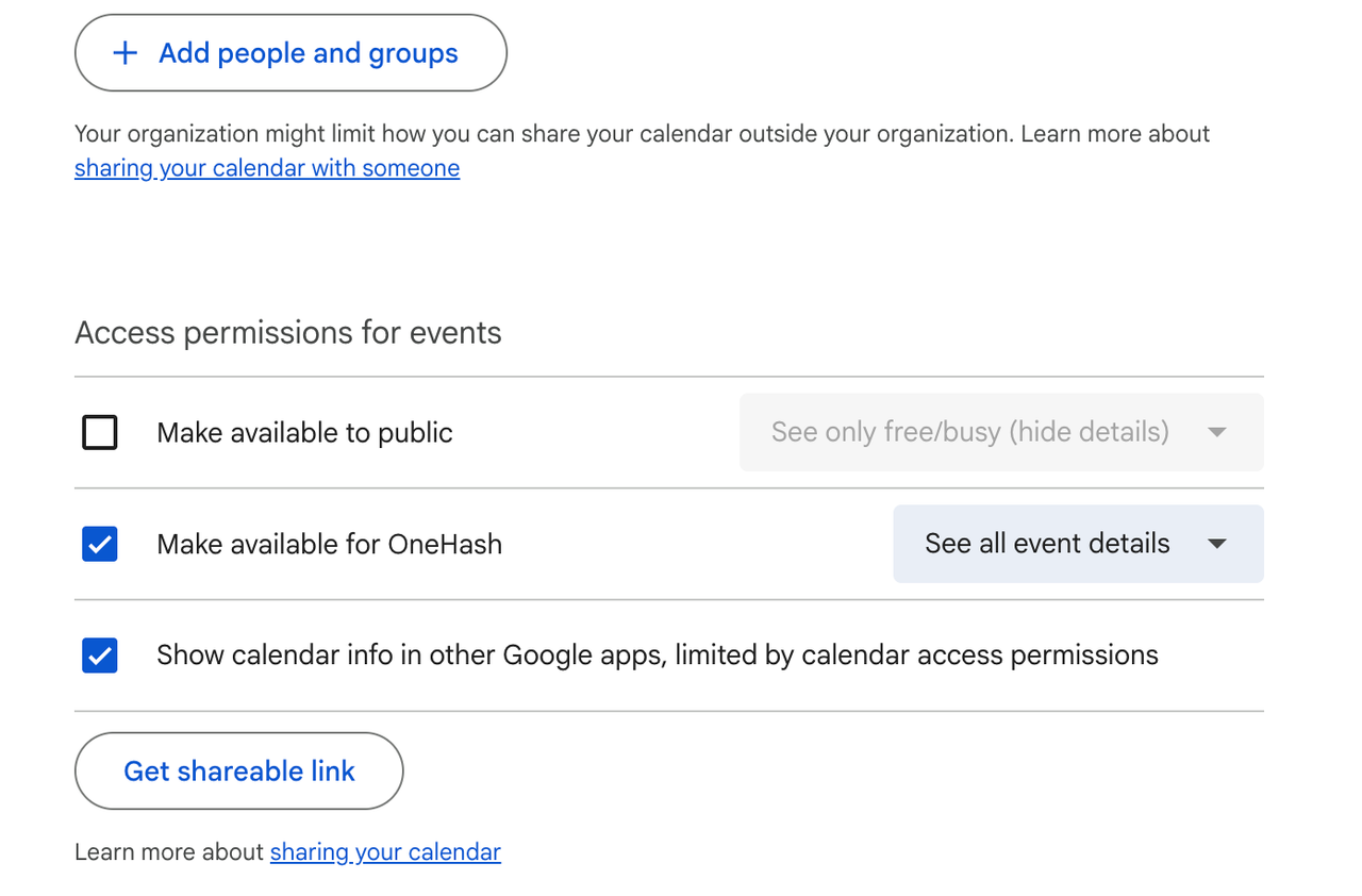 Google Calendar sharing settings with access permissions and Get shareable link