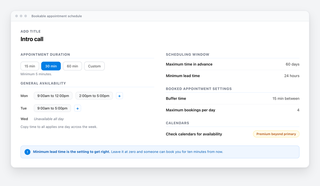 The Bookable appointment schedule editor showing appointment duration, general availability per weekday, a scheduling window with a 24 hour minimum lead time, buffer time, maximum bookings per day and the calendars availability check.