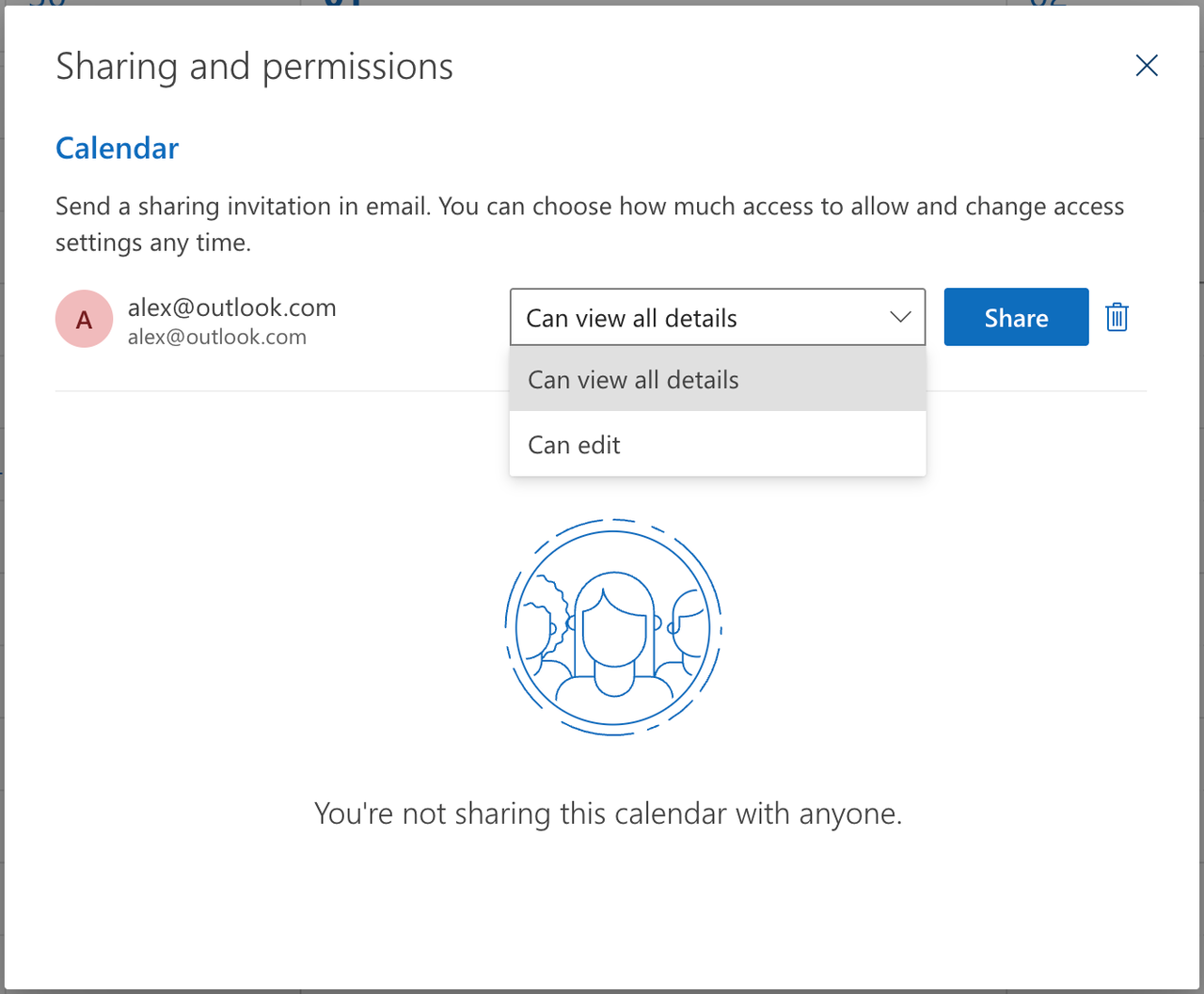 Outlook calendar sharing permission dropdown showing Can view all details and Can edit