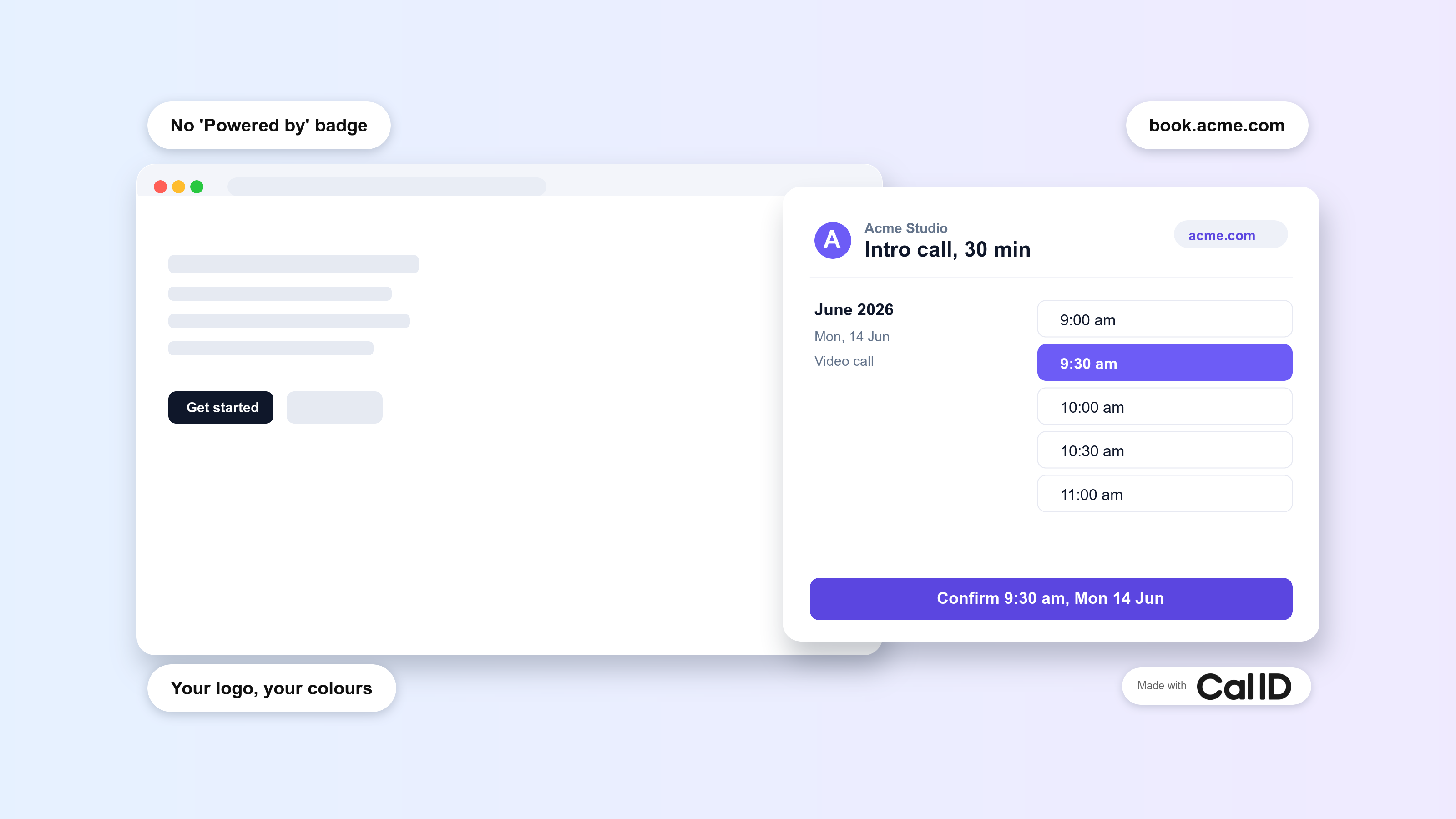 A custom-branded Acme Studio booking page built on Cal ID, showing white-label branding: your logo, colours, and the acme.com domain, with no vendor badge.