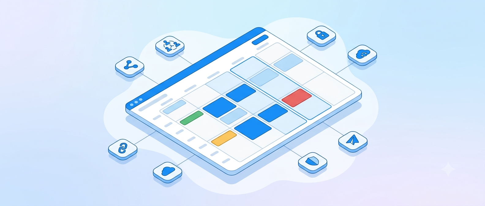 Isometric illustration of a shared calendar surrounded by share, link, people, lock, and sync icons