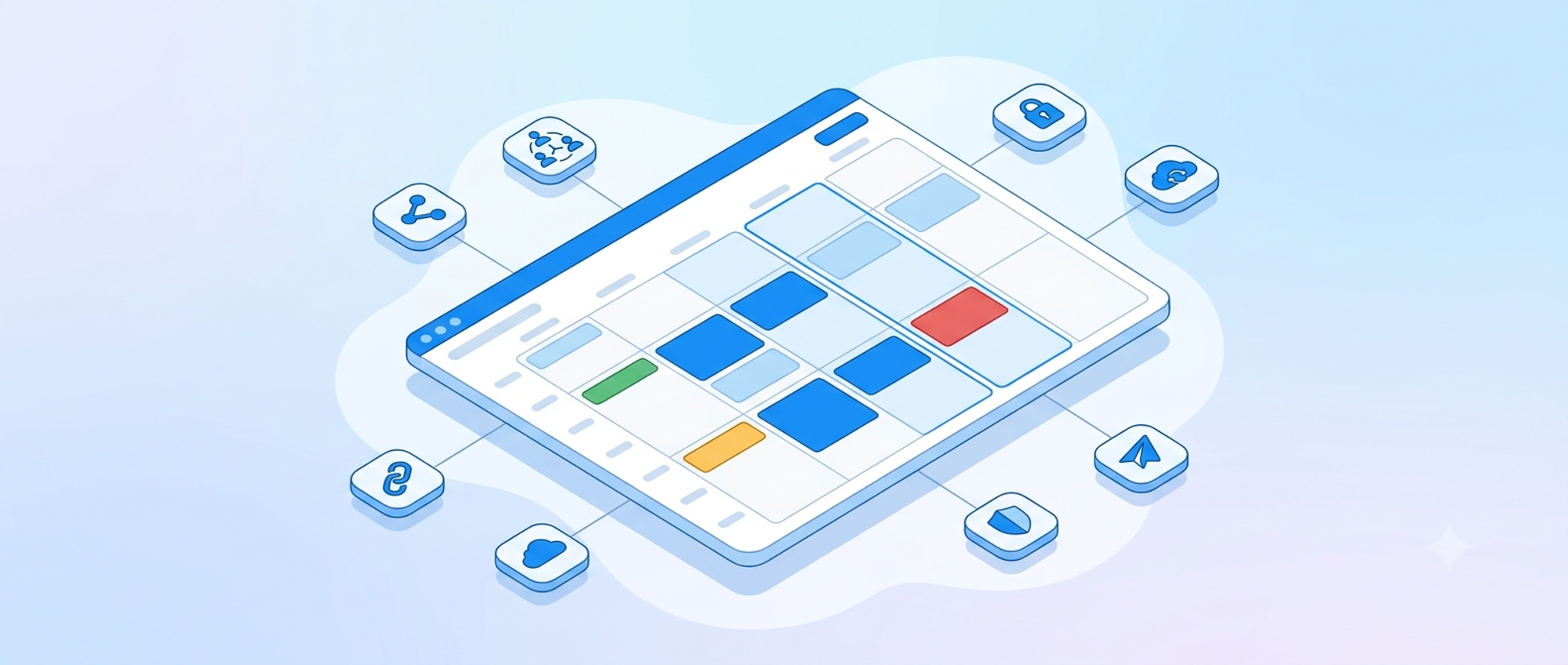 Isometric illustration of a shared calendar surrounded by share, link, people, lock, and sync icons