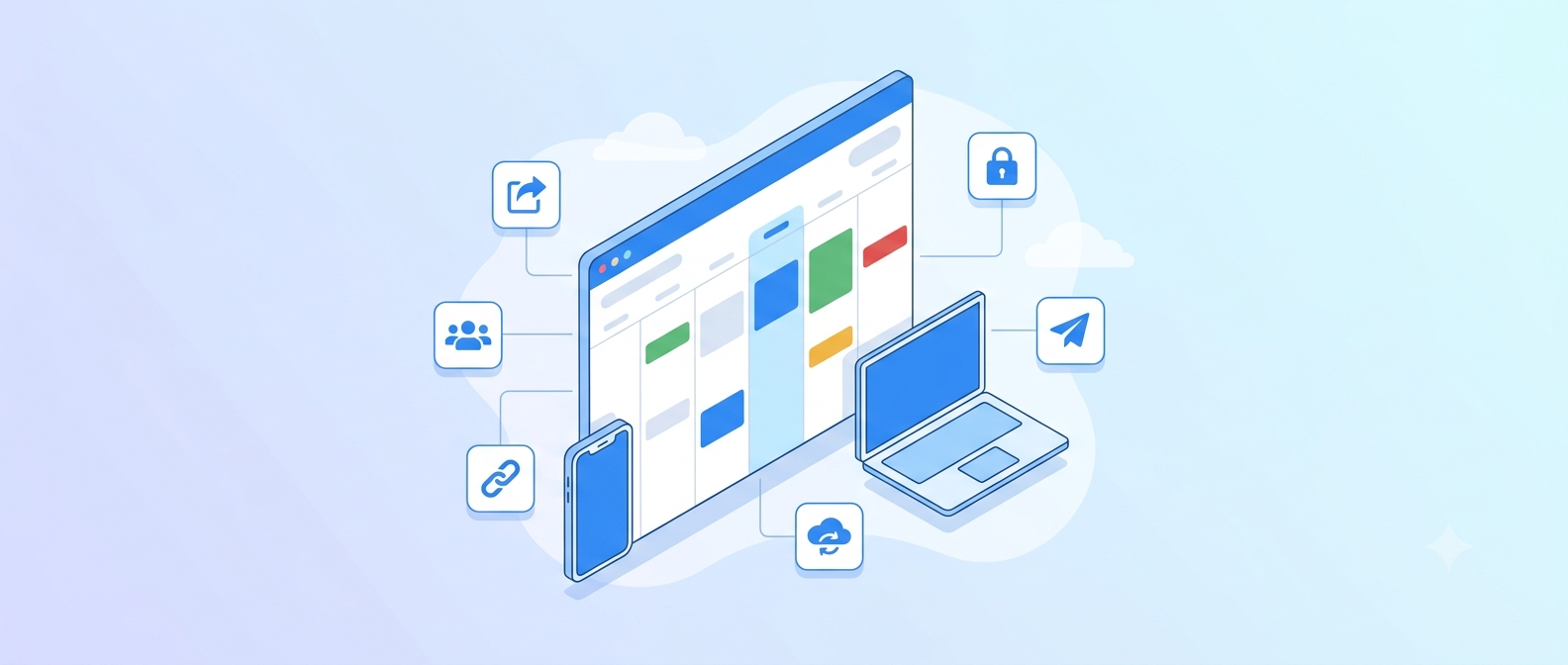 Isometric illustration of an Apple calendar shared across an iPhone and a Mac, with share, link, people, lock, and sync icons