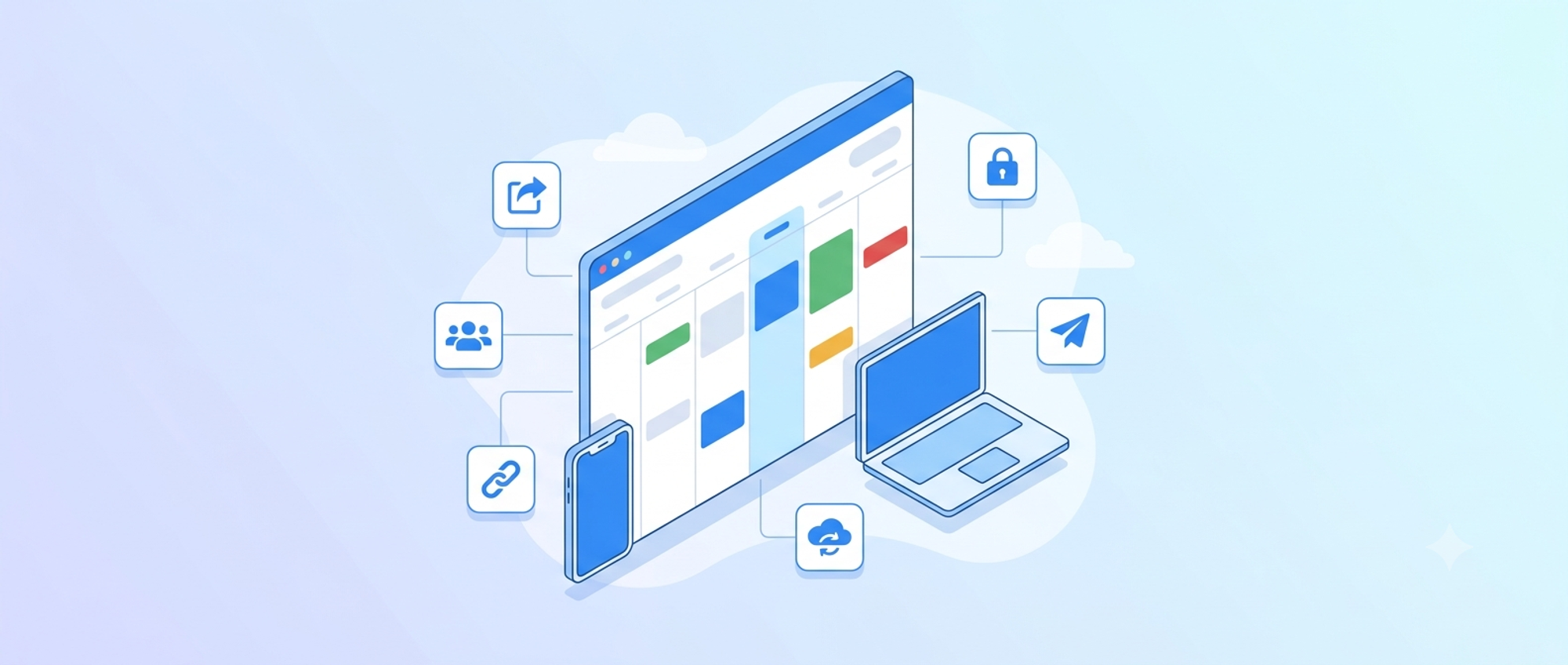Isometric illustration of an Apple calendar shared across an iPhone and a Mac, with share, link, people, lock, and sync icons
