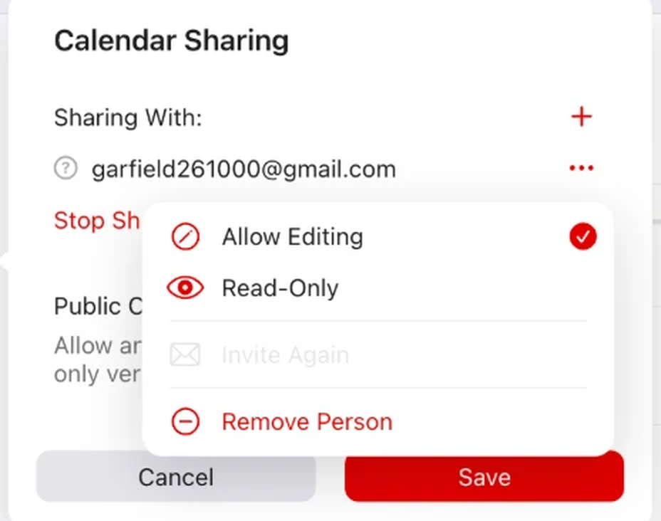 The iCloud.com Calendar Sharing panel with a person added and the access menu open, showing Allow Editing and Read-Only options