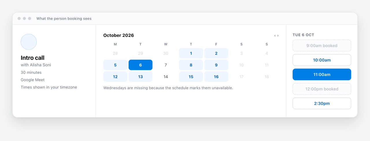 A Google Calendar booking page as a guest sees it: a month grid with unavailable Wednesdays greyed out, and a list of times for Tuesday 6 October with two slots already booked.
