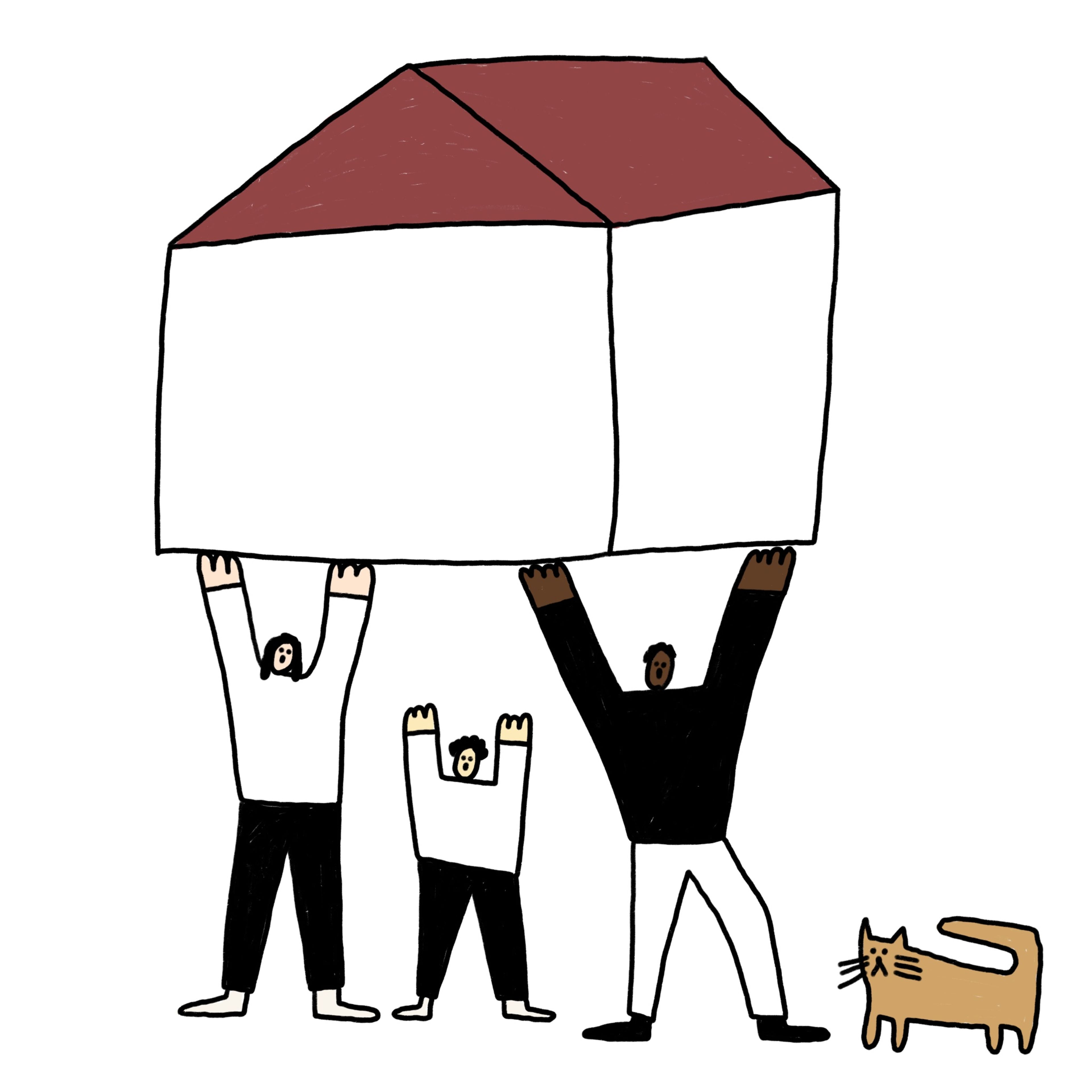 illustration of 3 people holding up a house and a cat