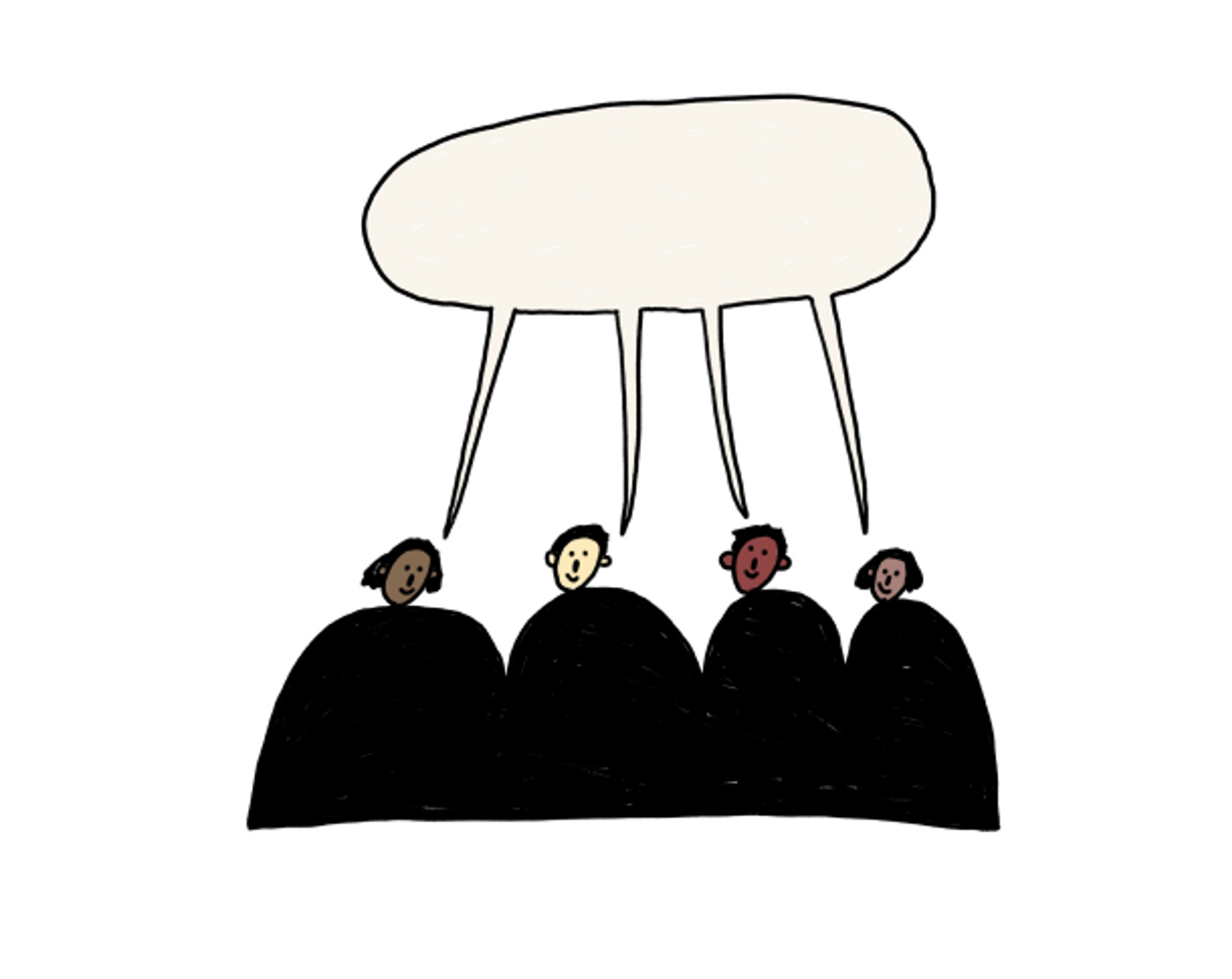 Illustration showing four people sharing a speech bubble.
