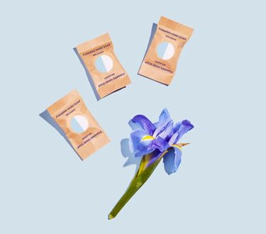 Foaming Hand Soap refills: 3 wrapped tablets in compostable wrappers against blue background with an iris