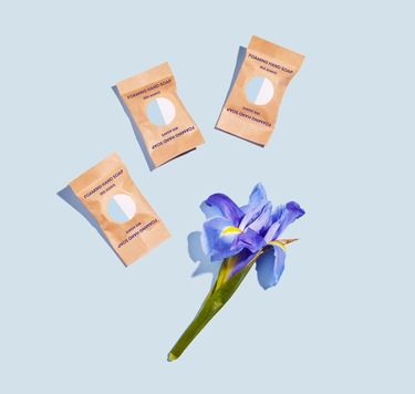 Foaming Hand Soap refills: 3 wrapped tablets in compostable wrappers against blue background with an iris
