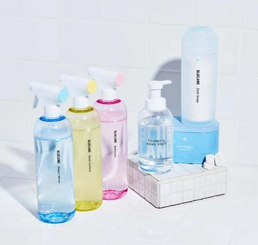 Everyday Clean Kit on white tile: 3 refillable cleaning bottles,1 Foaming Hand Soap, 40 dishwasher tablets, Powder Dish Soap