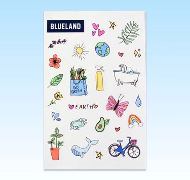 sheet of 25 assorted stickers on a white sheet against a blue background