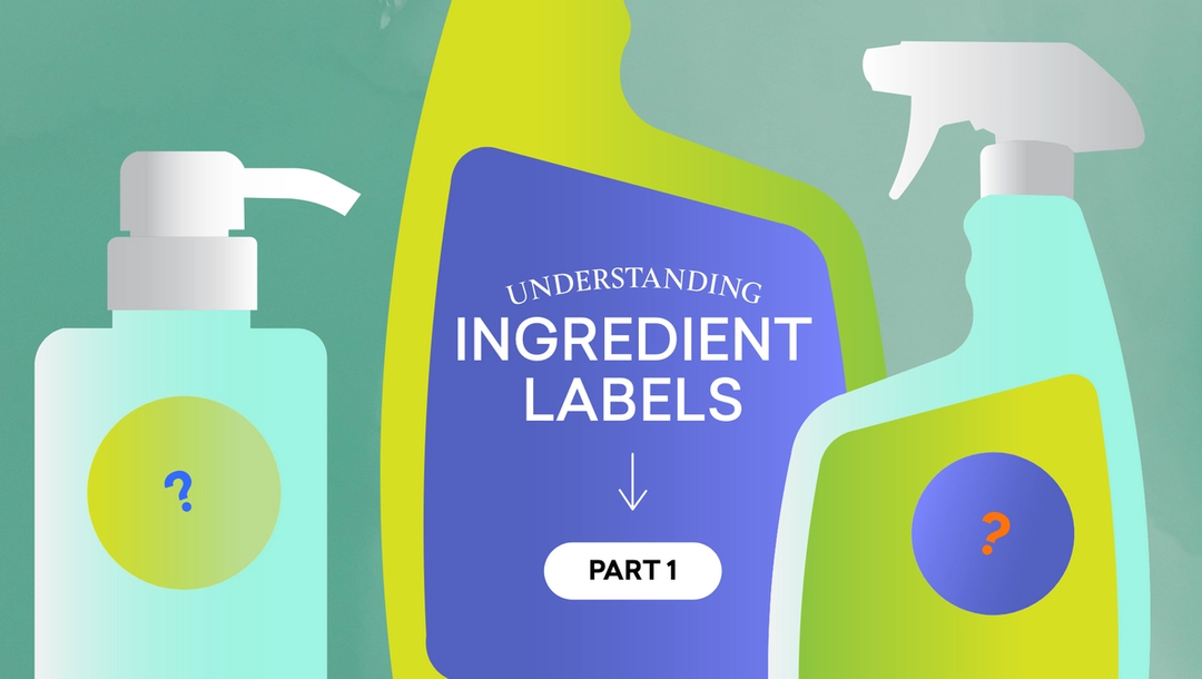 Graphic image of generic cleaning products with questions on the labels