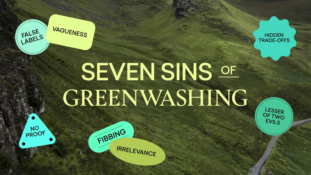 Blueland 7 sings of greenwashing graphic, green meadow background with 7 sins written on top