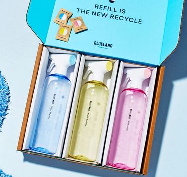 Blueland Clean Up Kit in corrugated box: 3 refillable cleaning bottles, 3 cleaning tablets