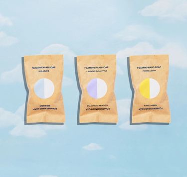 Hand Soap Refill Pack: 3 hand soap tablets in compostable wrappers against light blue background
