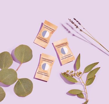 Foaming Hand Soap refills: 3 wrapped tablets in compostable wrappers against purple background with lavender and eucalyptus