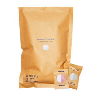 1 laundry refill, 1 wrapped bathroom tablet, 1 foaming hand soap tablet, all in compostable pouches and wrappers