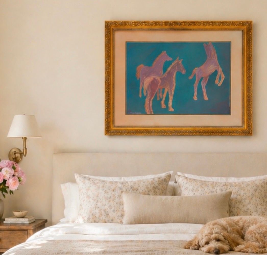 mixed media painting featuring three expressive horses in soft mauve and warm peach tones against a rich layered blue background.