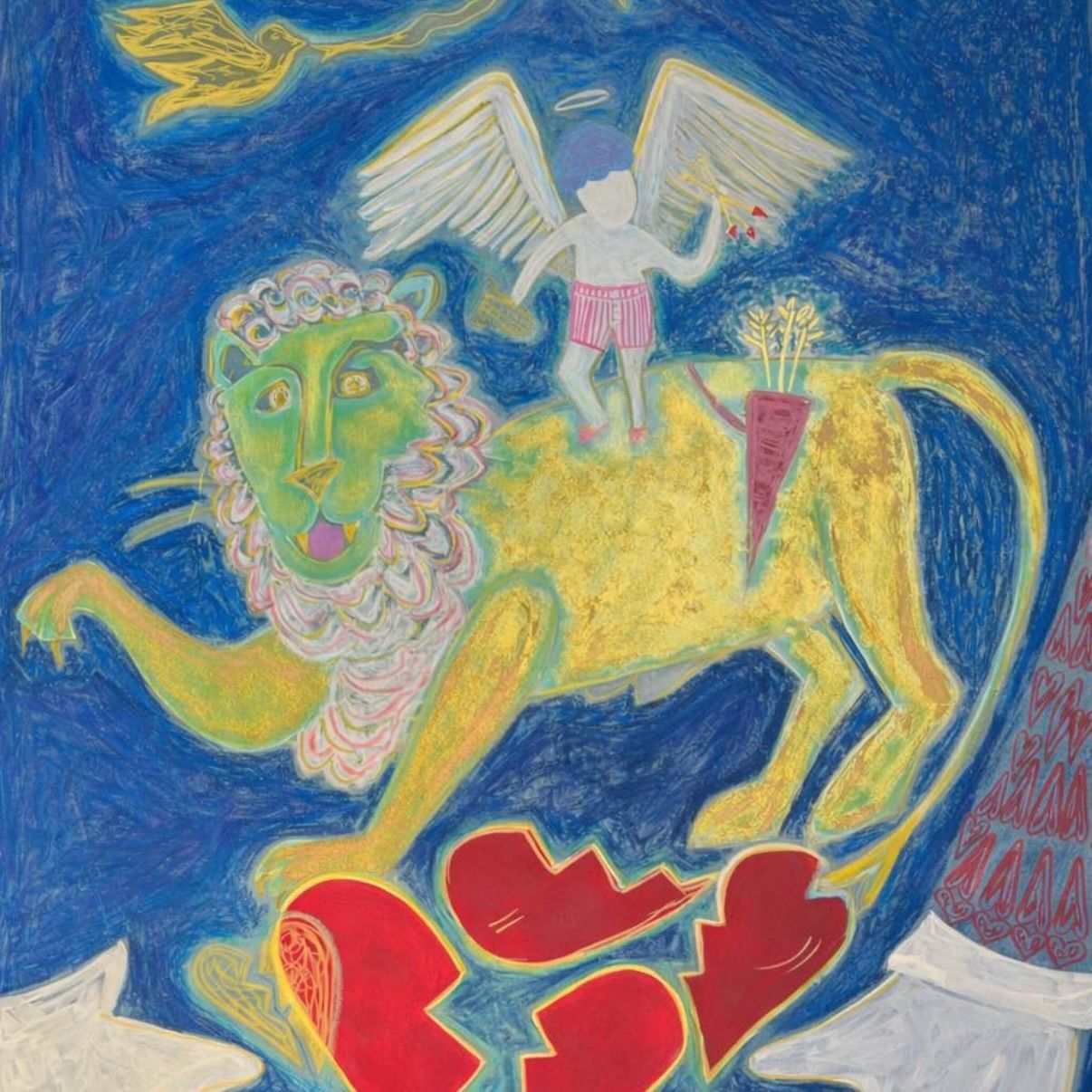 Love Also Rises — Cupid in pink fluffy slippers riding a golden lion over broken red hearts, on a deep blue background