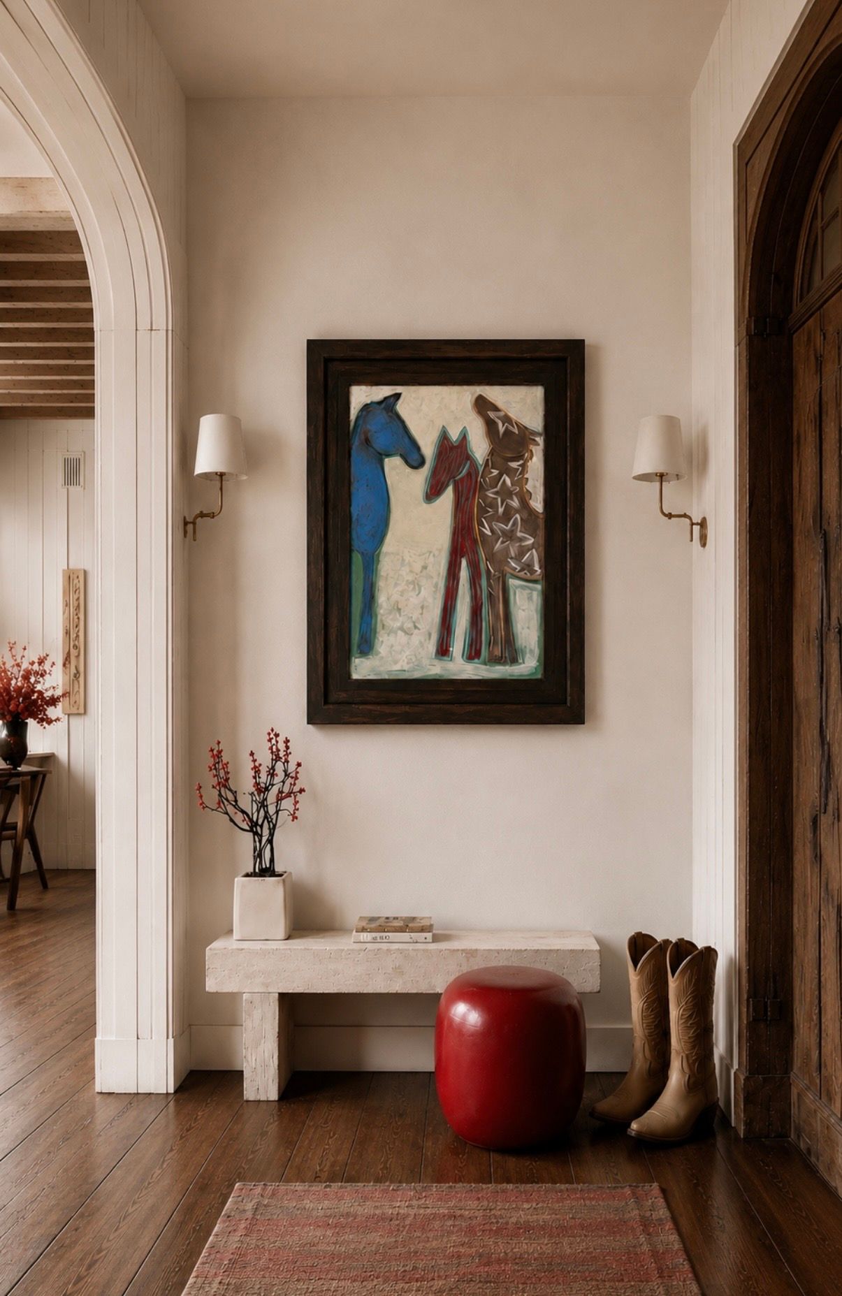 abstract painting of 3 horses in blue, red, and brown